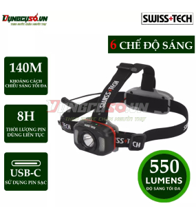 Đèn pha đội đầu, dùng pin sạc, nhiều chế độ, hiệu SWISS+TECH ST032003
